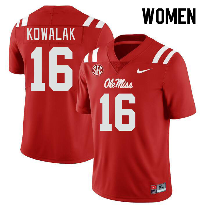 Women #16 Justin Kowalak Ole Miss Rebels College Football Jerseys Stitched-Red